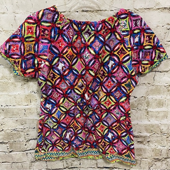 Koi Happy Colorful Bohemian Boho Pattern Print Short Sleeve Scrub Top - Picture 4 of 7